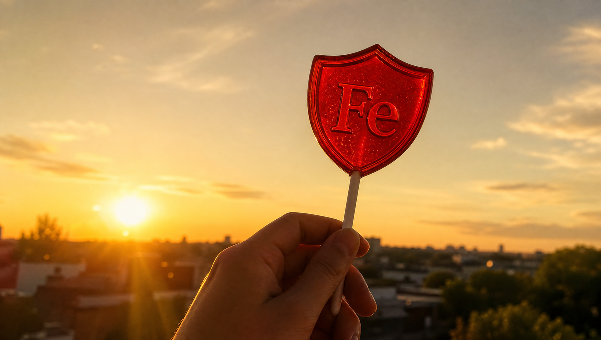 Hand holding a shield Fe lollipop to the sky