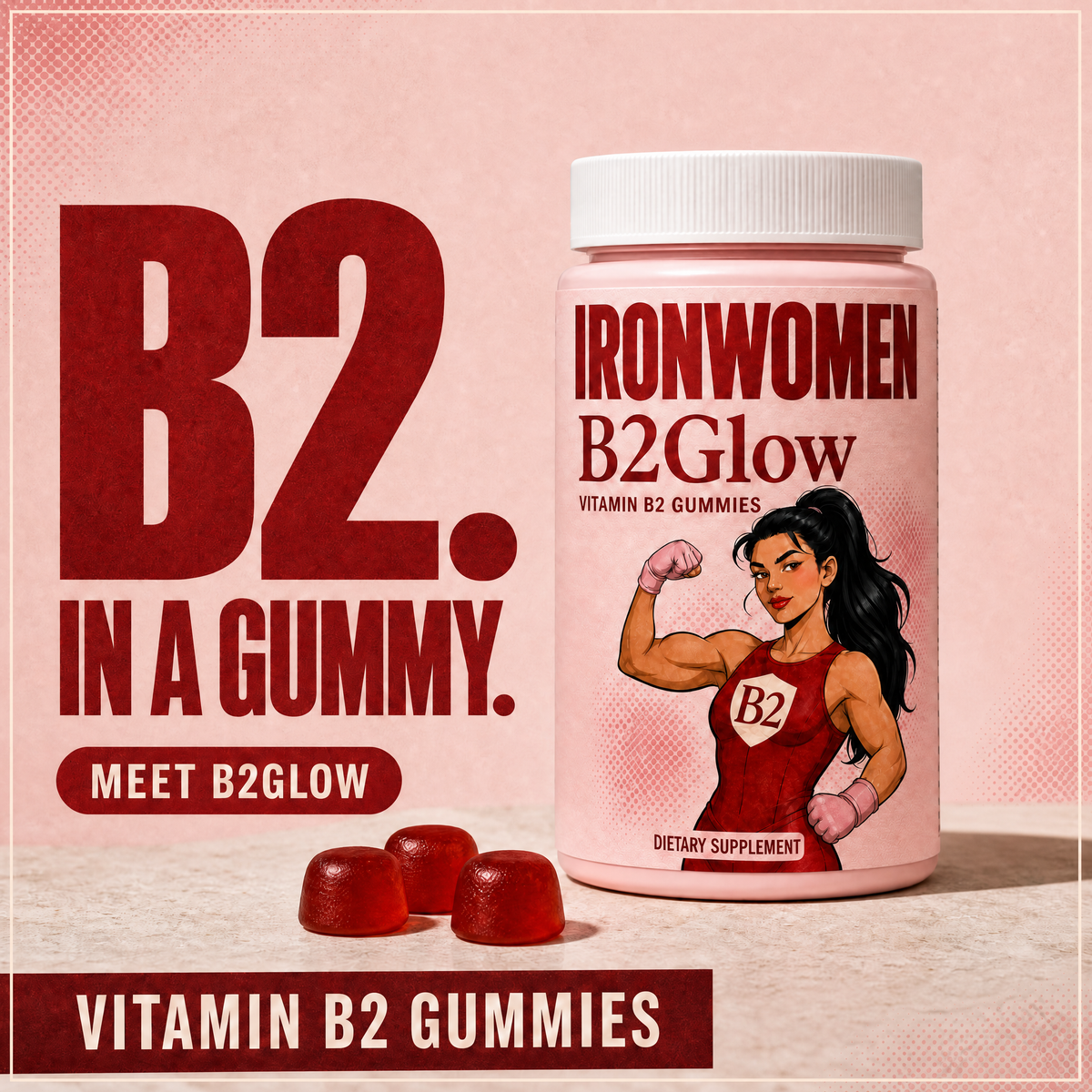 IronWomen B2Glow bottle and three concept gummy pieces on a pink and cream background