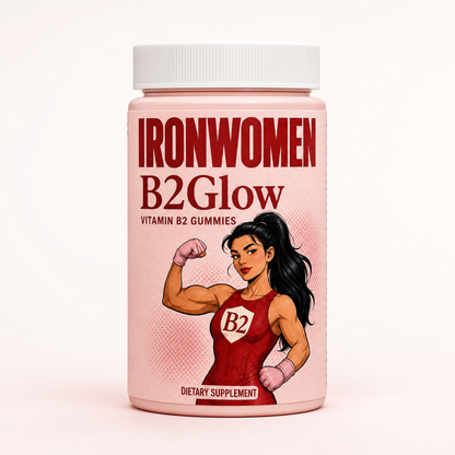 IronWomen B2Glow Vitamin B2 Gummies pink bottle with the IronWomen illustrated character