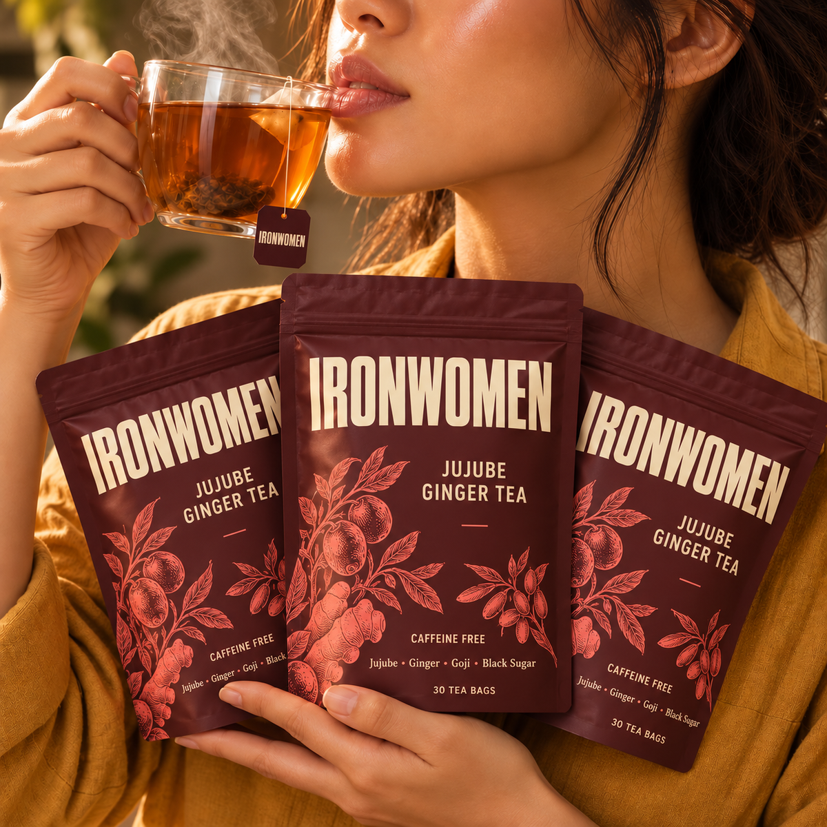 IronWomen Jujube Ginger Tea, three burgundy pouches and a warm cup of tea