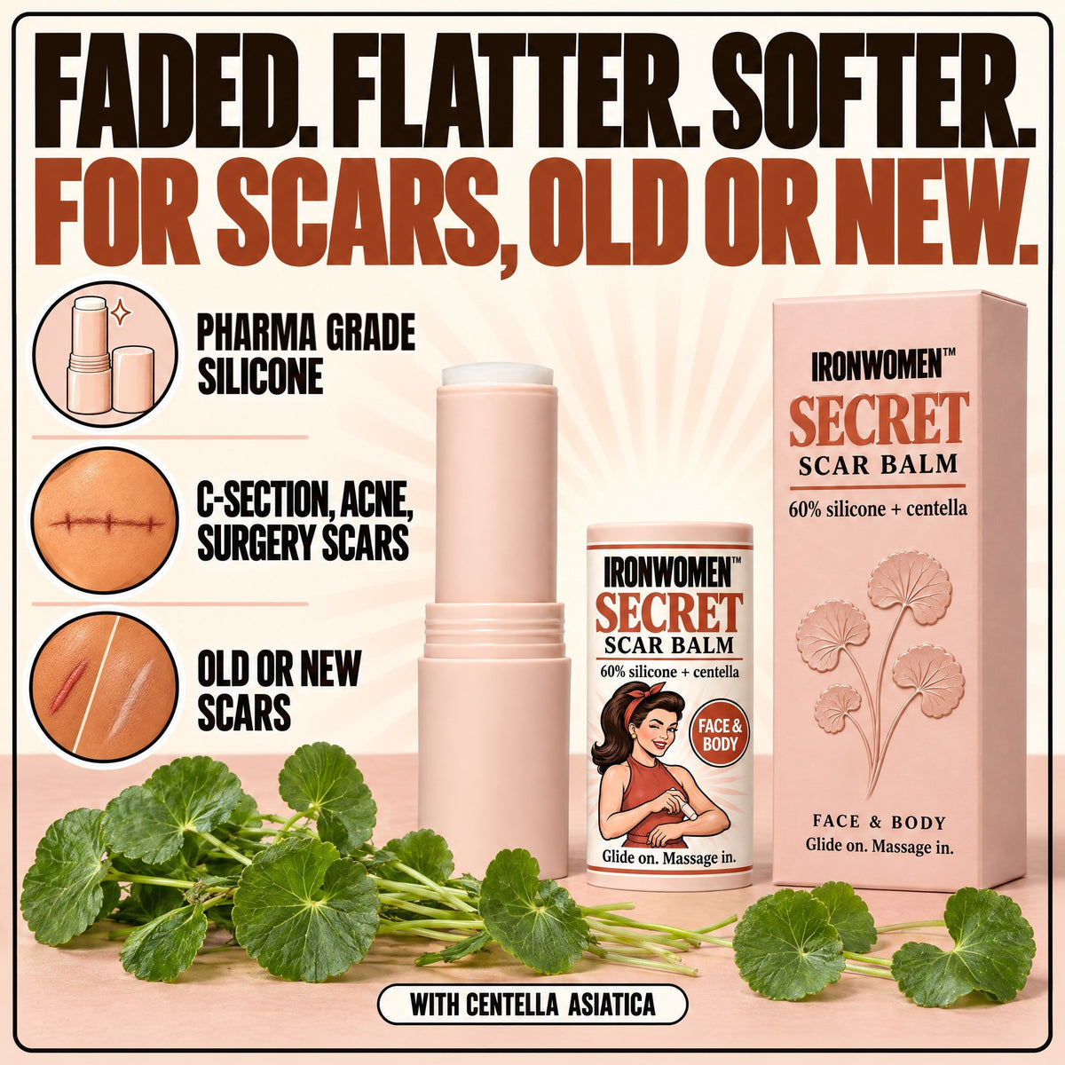 Ironwomen's Secret Scar Balm: a 60% silicone stick with centella, for scars old or new