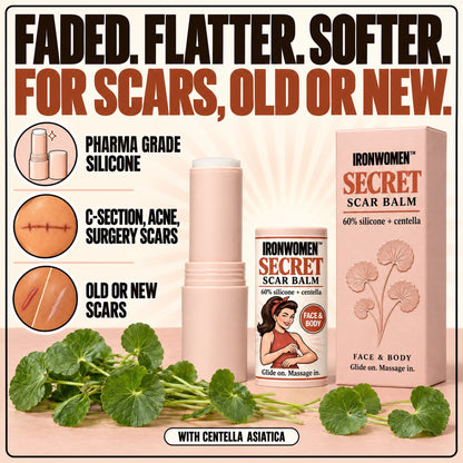 Ironwomen's Secret Scar Balm: a 60% silicone stick with centella, for scars old or new