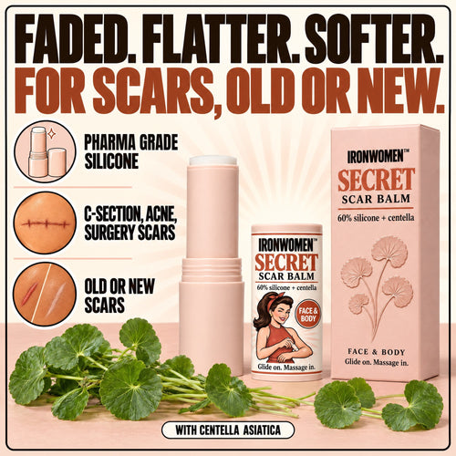 Ironwomen's Secret Scar Balm: a 60% silicone stick with centella, for scars old or new