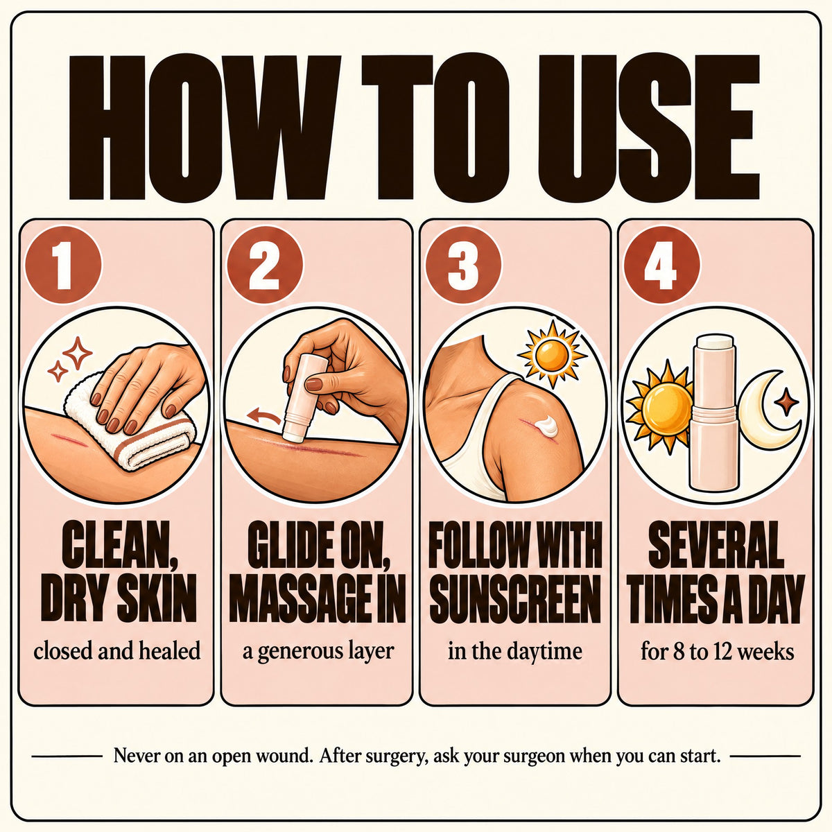 How to use it: clean, dry skin, glide on and massage in, follow with sunscreen, several times a day