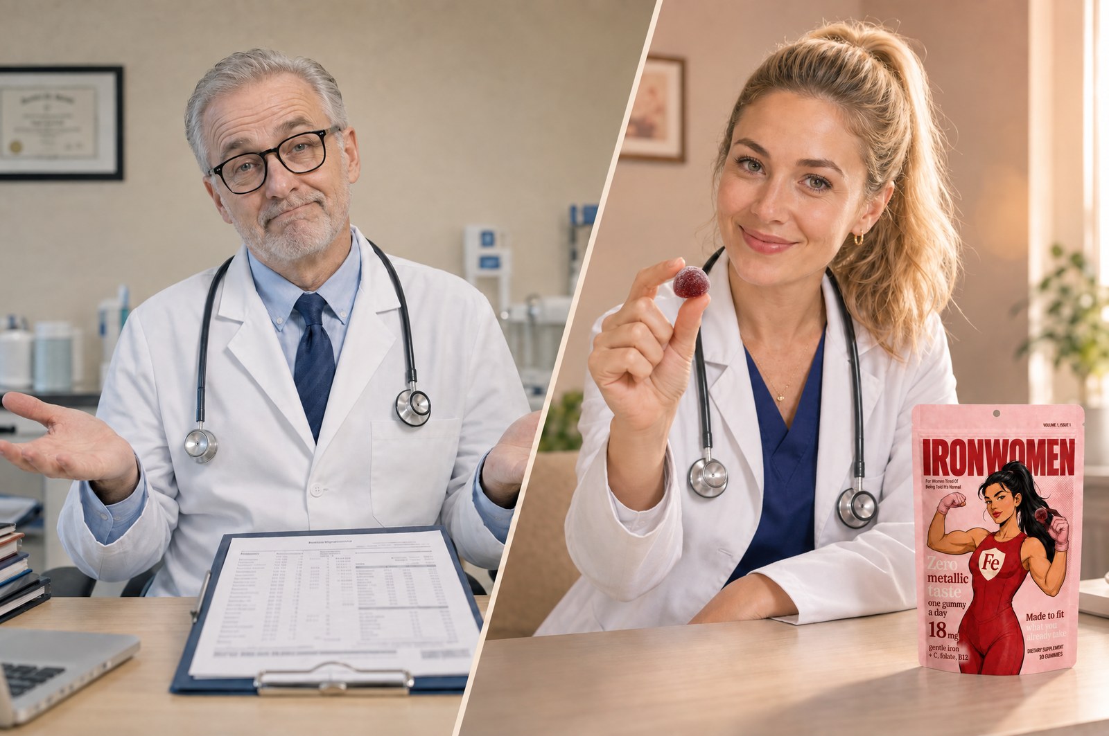 An older male doctor shrugging at a normal lab report, and a young woman doctor offering an IronWomen iron gummy