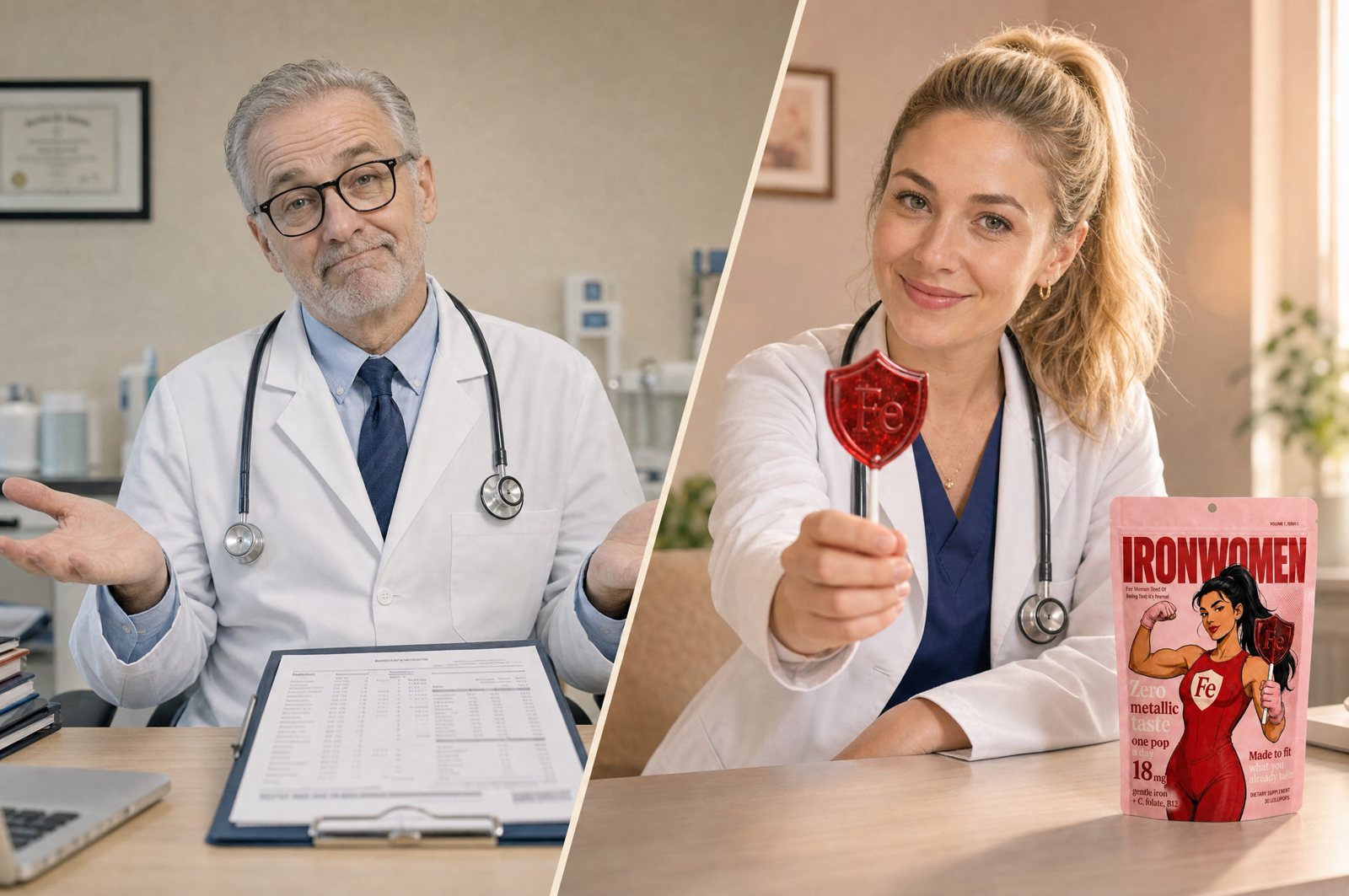 An older male doctor shrugging at a normal lab report, and a young woman doctor offering an IronWomen iron lollipop