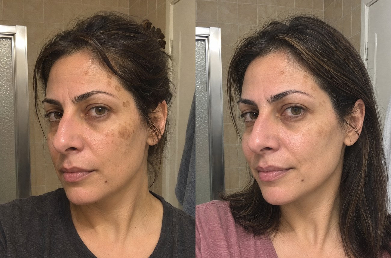 The same woman on day 1 with dark spots on her cheek and temple, and at month 3 with the spots faded